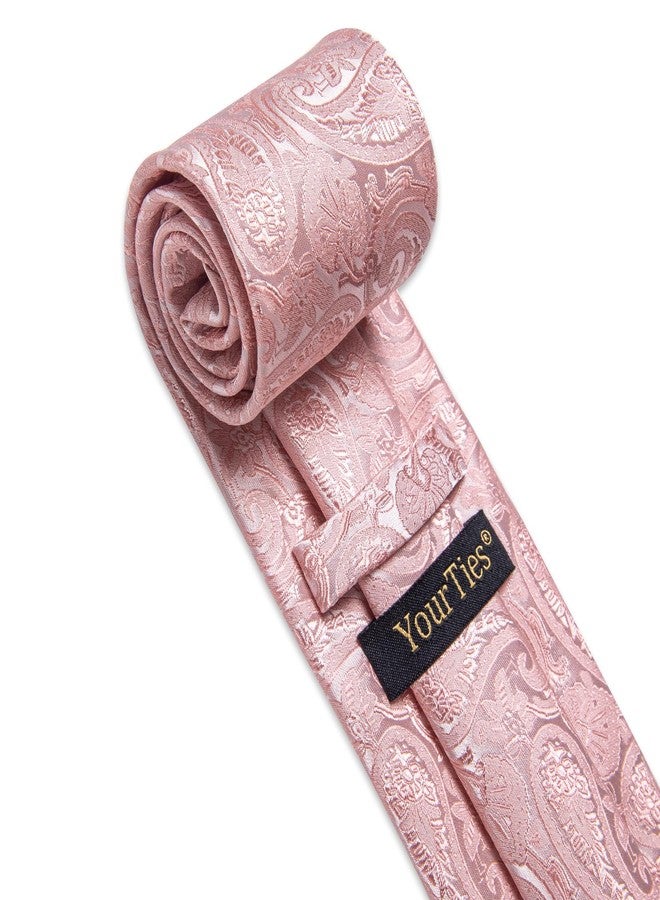 YourTies Paisley Tie Sets Floral Necktie Handkerchief Cufflinks Set Silk Woven Ties Business Wedding Party, A Pink Paisley, M - Image 4