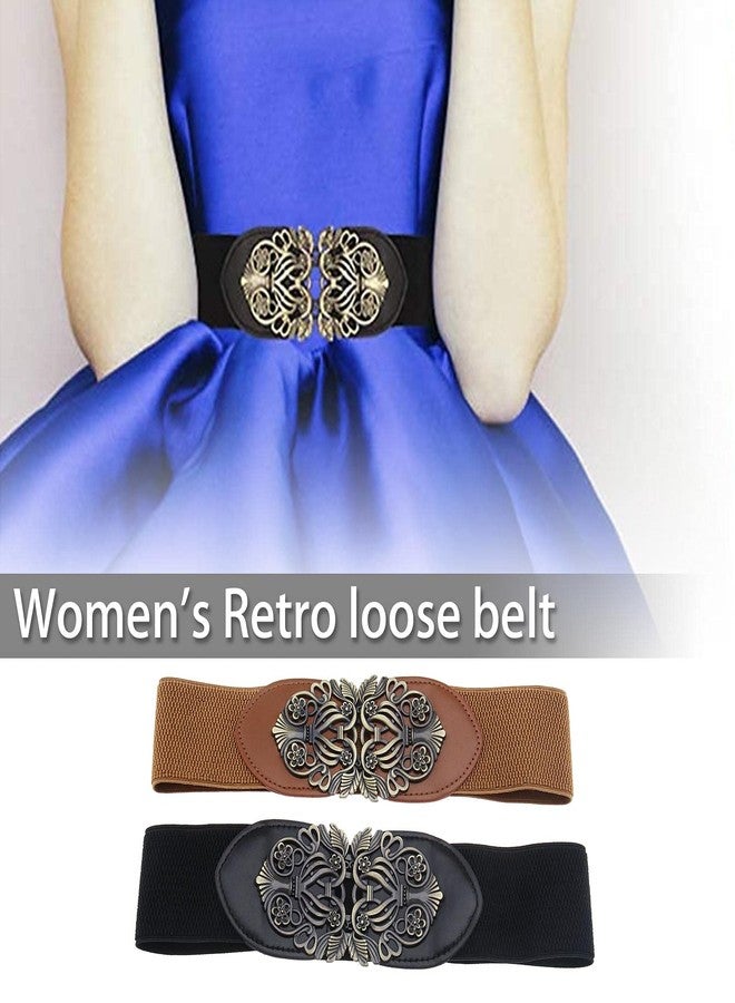 Micro Traders 2pcs Vintage Ladies Stretch Waist Belt Cinch Waistband Alloy Polyester Black Brown for Jeans Pants Dresses Coats Jacket Tunic Blouses, Brown,black, 62x7.1cm - Image 2
