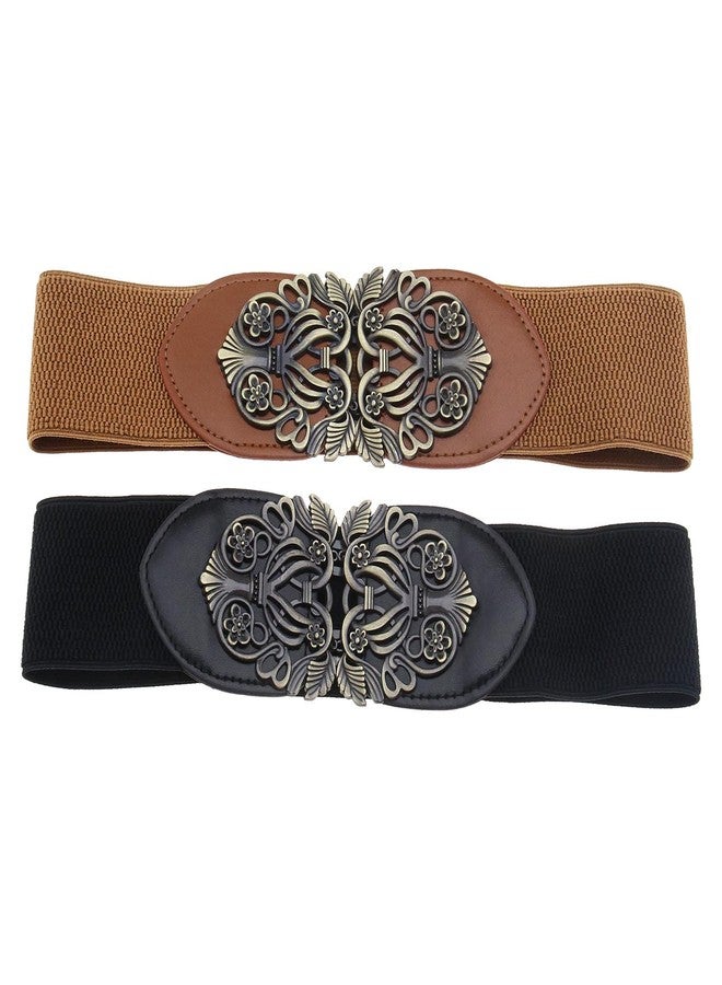 Micro Traders 2pcs Vintage Ladies Stretch Waist Belt Cinch Waistband Alloy Polyester Black Brown for Jeans Pants Dresses Coats Jacket Tunic Blouses, Brown,black, 62x7.1cm - Image 1