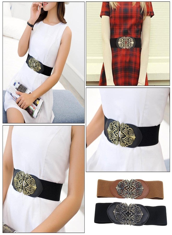 Micro Traders 2pcs Vintage Ladies Stretch Waist Belt Cinch Waistband Alloy Polyester Black Brown for Jeans Pants Dresses Coats Jacket Tunic Blouses, Brown,black, 62x7.1cm - Image 5
