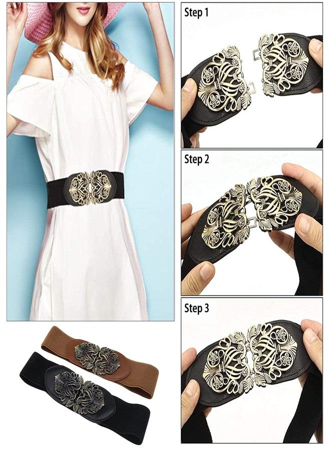 Micro Traders 2pcs Vintage Ladies Stretch Waist Belt Cinch Waistband Alloy Polyester Black Brown for Jeans Pants Dresses Coats Jacket Tunic Blouses, Brown,black, 62x7.1cm - Image 4