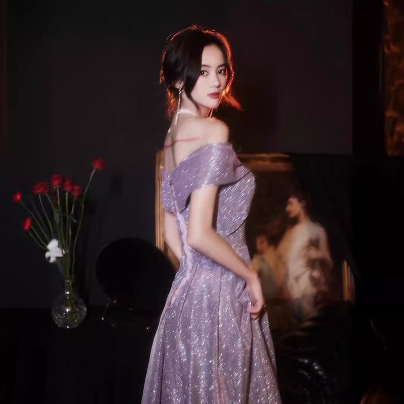 One-Shoulder Art Candidates Evening Dress Accessible Luxury New 2025 Texture Art Candidates Fairy Host Starry Sky Annual Meeting Dress - Image 2