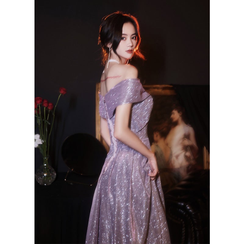 One-Shoulder Art Candidates Evening Dress Accessible Luxury New 2025 Texture Art Candidates Fairy Host Starry Sky Annual Meeting Dress - Image 1