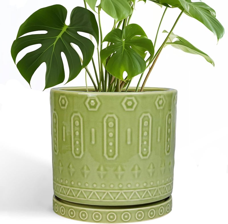 Eightpot Ceramic Pot for Plants - 10 Inch Indoor Plant Pots with Drainage Holes and Saucer, Boho Round Planter Outdoor, Decorative Large Planter for Flower, Living Room Decor, Garden Gifts, Green - Image 1