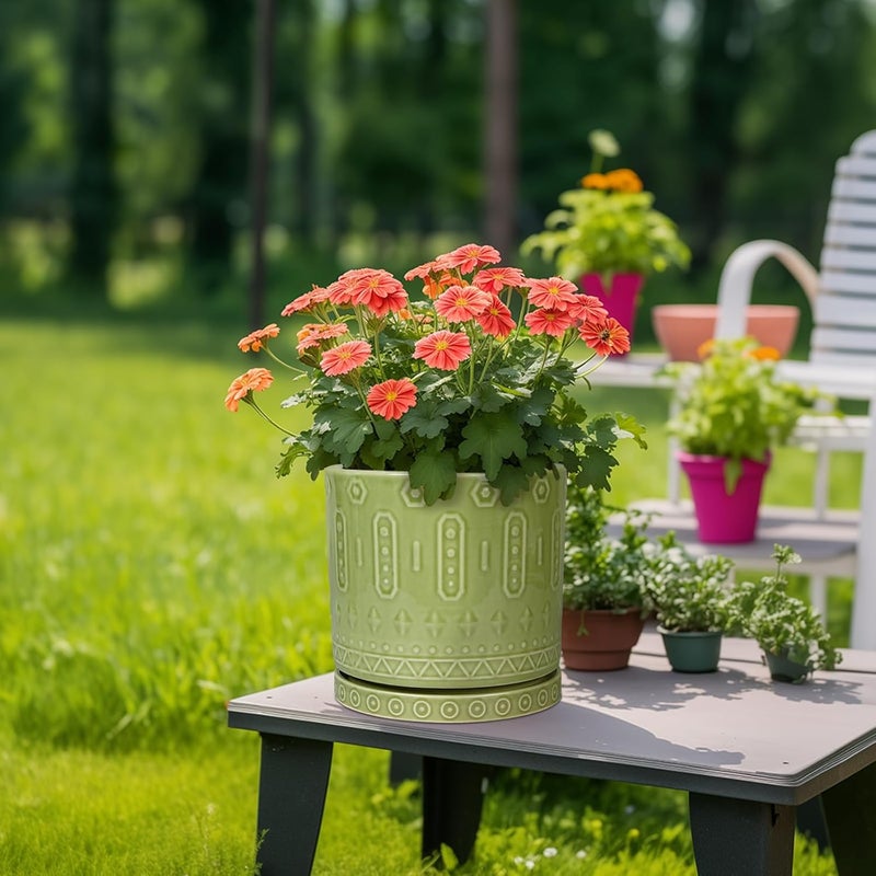 Eightpot Ceramic Pot for Plants - 10 Inch Indoor Plant Pots with Drainage Holes and Saucer, Boho Round Planter Outdoor, Decorative Large Planter for Flower, Living Room Decor, Garden Gifts, Green - Image 2
