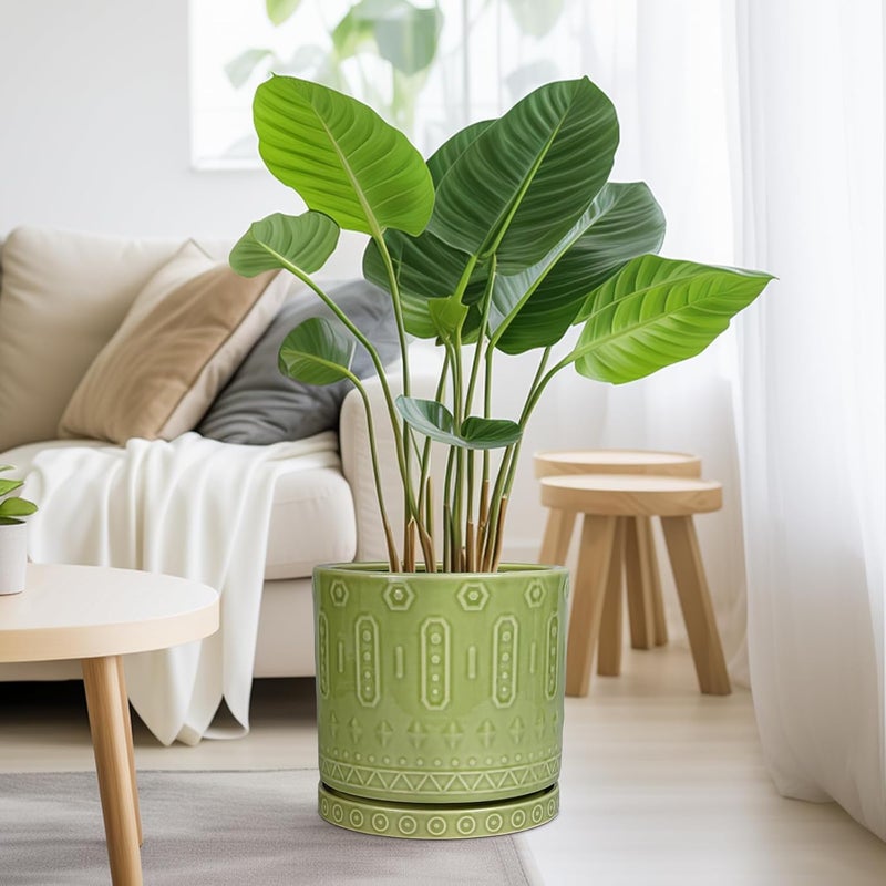 Eightpot Ceramic Pot for Plants - 10 Inch Indoor Plant Pots with Drainage Holes and Saucer, Boho Round Planter Outdoor, Decorative Large Planter for Flower, Living Room Decor, Garden Gifts, Green - Image 5
