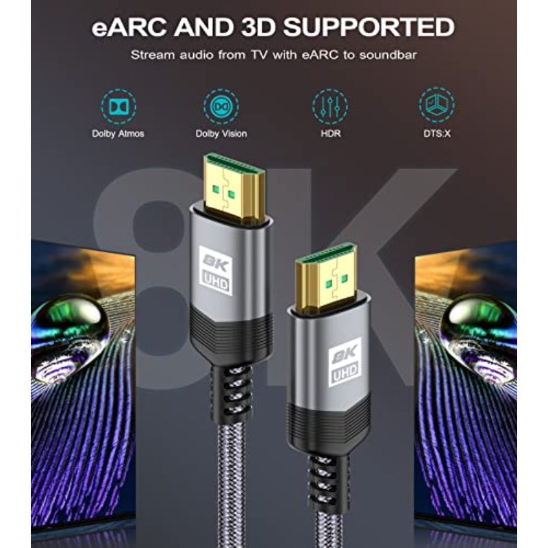 سوي جارد سلك HDMI 8K 2 متر، كابل HDMI 2.1 بسرعة عالية جدًا 48 جيجابت في الثانية، 8K عند 60 هرتز، 4K عند 240 هرتز، 144 هرتز، 120 هرتز، DTS:X، eARC، HDR10، HDCP 2.2 و 2.3، متوافق مع روكو تيفي، إكس بوكس، تلفزيون عالي الدقة، مشغل بلو-راي، الشاشة - Image 4