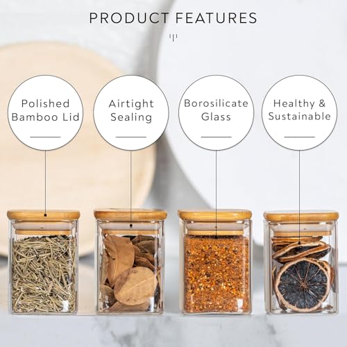 VILON Glass Jars Set, Square Spice Jars With Bamboo Lids And Labels, 8Oz(230ml) 12 Piece Small Food Storage Containers For Home Kitchen, Spice, Herbs, Seasoning, Seed, Tea, Sugar, Salt,Clear - Image 4