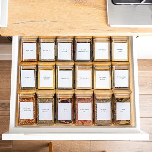 VILON Glass Jars Set, Square Spice Jars With Bamboo Lids And Labels, 8Oz(230ml) 12 Piece Small Food Storage Containers For Home Kitchen, Spice, Herbs, Seasoning, Seed, Tea, Sugar, Salt,Clear - Image 2