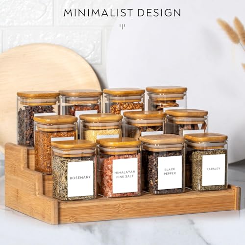 VILON Glass Jars Set, Square Spice Jars With Bamboo Lids And Labels, 8Oz(230ml) 12 Piece Small Food Storage Containers For Home Kitchen, Spice, Herbs, Seasoning, Seed, Tea, Sugar, Salt,Clear - Image 3