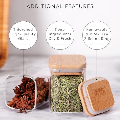 VILON Glass Jars Set, Square Spice Jars With Bamboo Lids And Labels, 8Oz(230ml) 12 Piece Small Food Storage Containers For Home Kitchen, Spice, Herbs, Seasoning, Seed, Tea, Sugar, Salt,Clear - Image 5