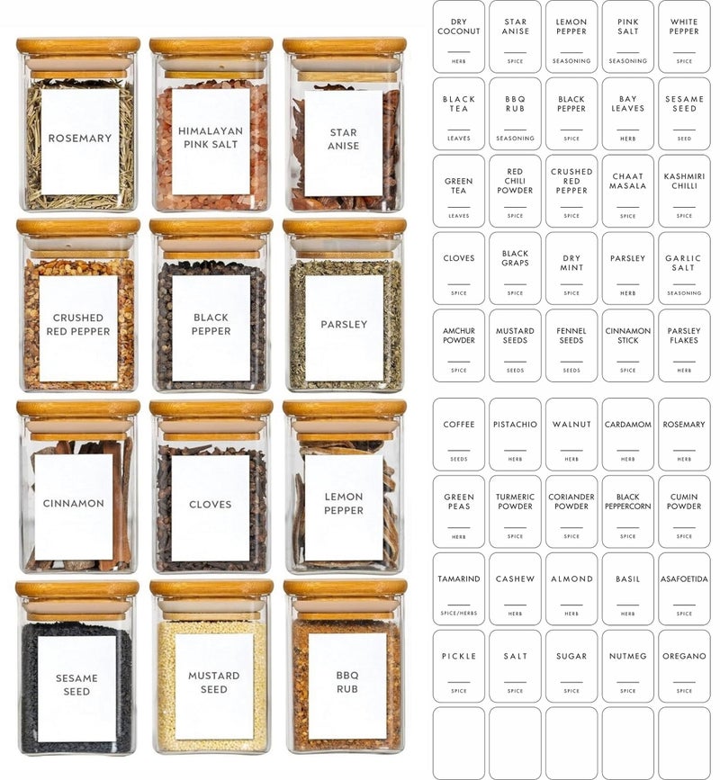 VILON Glass Jars Set, Square Spice Jars With Bamboo Lids And Labels, 8Oz(230ml) 12 Piece Small Food Storage Containers For Home Kitchen, Spice, Herbs, Seasoning, Seed, Tea, Sugar, Salt,Clear - Image 1