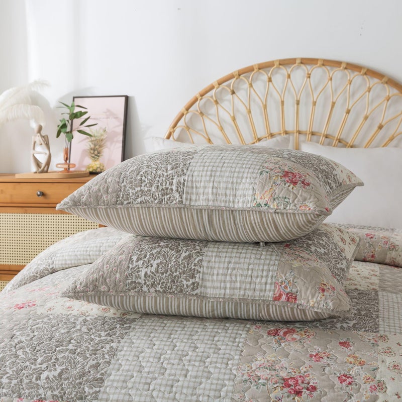SLPR Walk in The Cotswolds Patchwork Cotton Pieced Quilt Set - Queen Size with 2 Shams, Neutral Floral & Cream Cottage Quilted Bedspread, French Country Farmhouse Bedding for All Seasons - Image 3