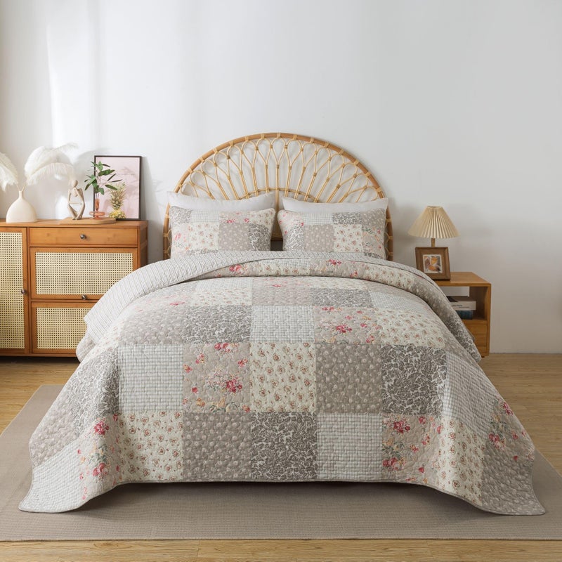SLPR Walk in The Cotswolds Patchwork Cotton Pieced Quilt Set - Queen Size with 2 Shams, Neutral Floral & Cream Cottage Quilted Bedspread, French Country Farmhouse Bedding for All Seasons - Image 2