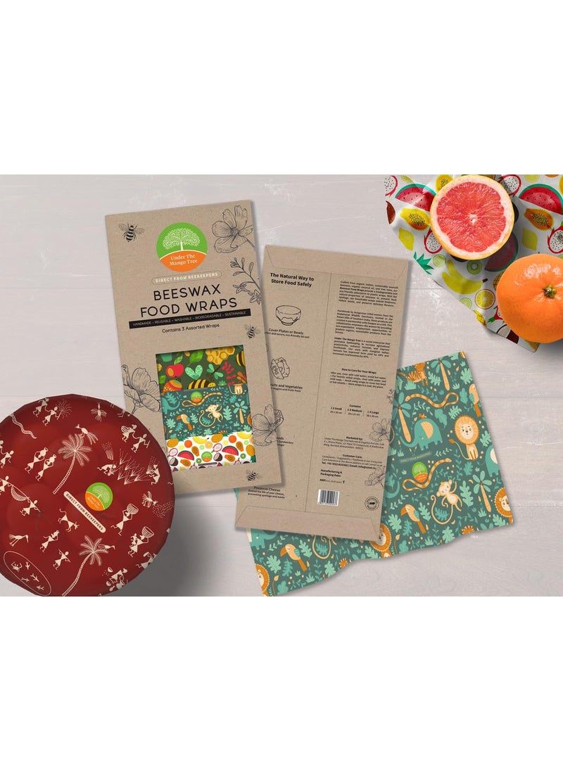 Under The Mango Tree UNDER THE MANGO TREE UTMT Reusable Beeswax Wrap Set of 3 Sustainable Biodegradable Zero Waste PlasticFree Food Storage Solution for Cheese Fruits Vegetables and Snacks  - Image 1
