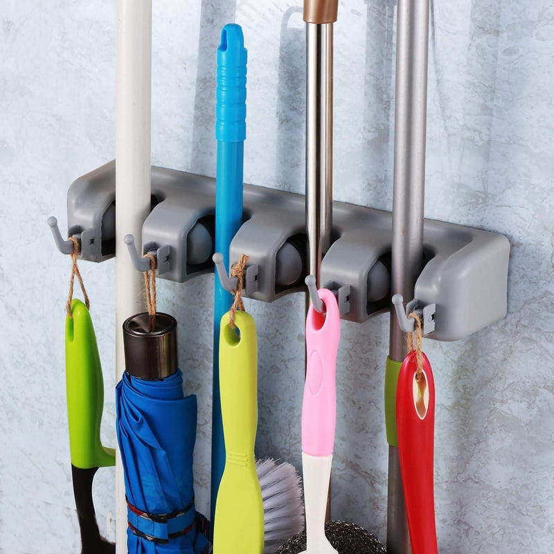Lexazo Mop and Broom Holder Upgraded with Effective Strong Holding Perfect Organize 4 Slot Position with 5 Hooks Garage Storage up to 9 Tools Wall Mounted 346 x 165 x 71cm Grey - Image 3
