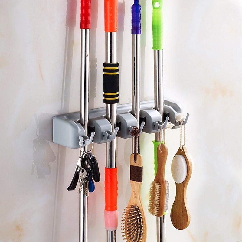 Lexazo Mop and Broom Holder Upgraded with Effective Strong Holding Perfect Organize 4 Slot Position with 5 Hooks Garage Storage up to 9 Tools Wall Mounted 346 x 165 x 71cm Grey - Image 1