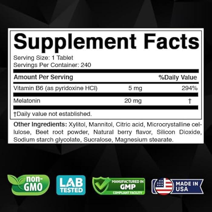 Vitabod Melatonin 20 mg - 240 Fast Dissolve Tablets - Drug Free - Natural Berry Flavor - Vegetarian, Non-GMO, Gluten Free 240 Count (Pack of 1) (240 Count (Pack of 1)) - Image 2