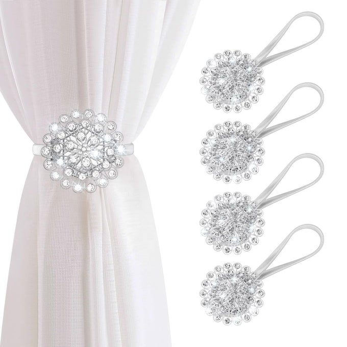 Magnetic Curtain Tiebacks 4 Pack Modern Metal Curtain Tie Backs Indoor Outdoor Use Decorative Drapes Clips Buckle with Crystal Flower Beads for Thin or Thick CurtainsCrystal Silver