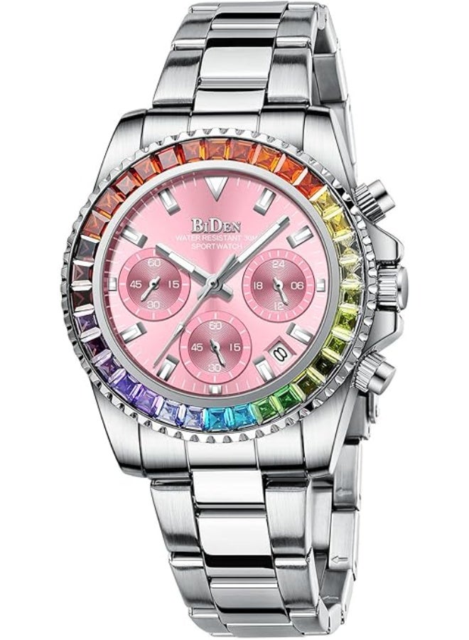 BIDEN Women Colorful Diamond Watches Chronograph Rotatable Bezel Mineral Glass Luminous Watch Stainless Steel Waterproof Date Analog Quartz Watch Fashion Business Dress Wristwatch - Image 1