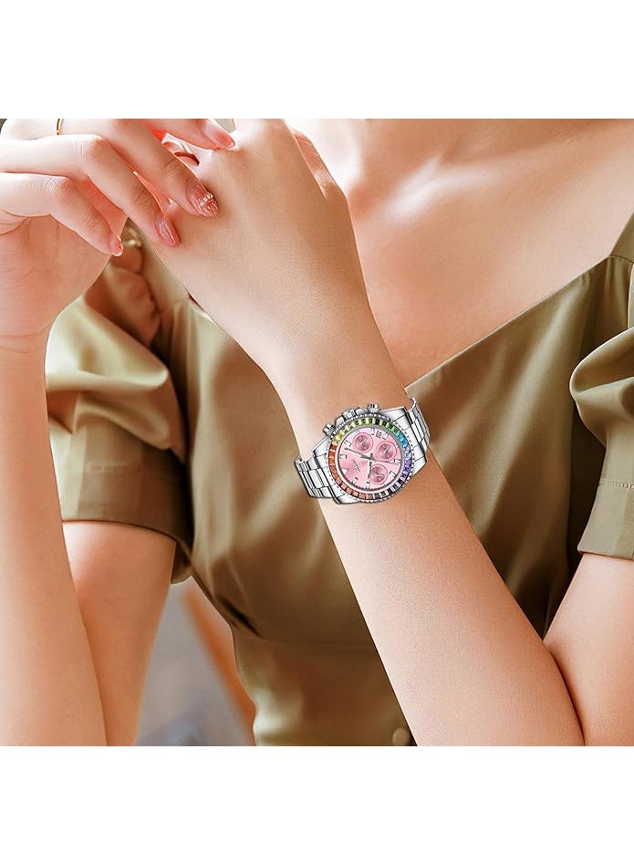 BIDEN Women Colorful Diamond Watches Chronograph Rotatable Bezel Mineral Glass Luminous Watch Stainless Steel Waterproof Date Analog Quartz Watch Fashion Business Dress Wristwatch - Image 2