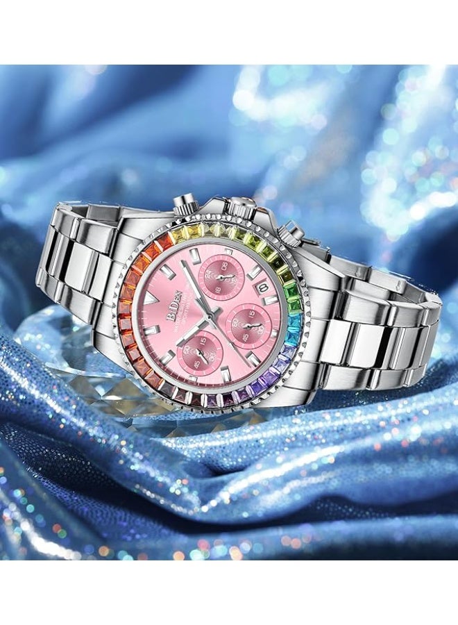 BIDEN Women Colorful Diamond Watches Chronograph Rotatable Bezel Mineral Glass Luminous Watch Stainless Steel Waterproof Date Analog Quartz Watch Fashion Business Dress Wristwatch - Image 3