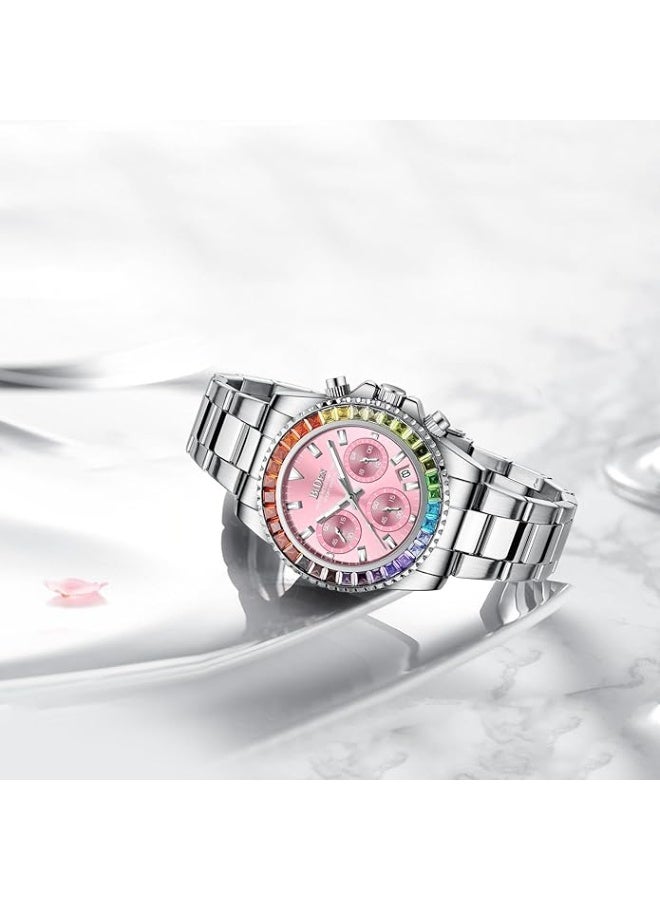 BIDEN Women Colorful Diamond Watches Chronograph Rotatable Bezel Mineral Glass Luminous Watch Stainless Steel Waterproof Date Analog Quartz Watch Fashion Business Dress Wristwatch - Image 4