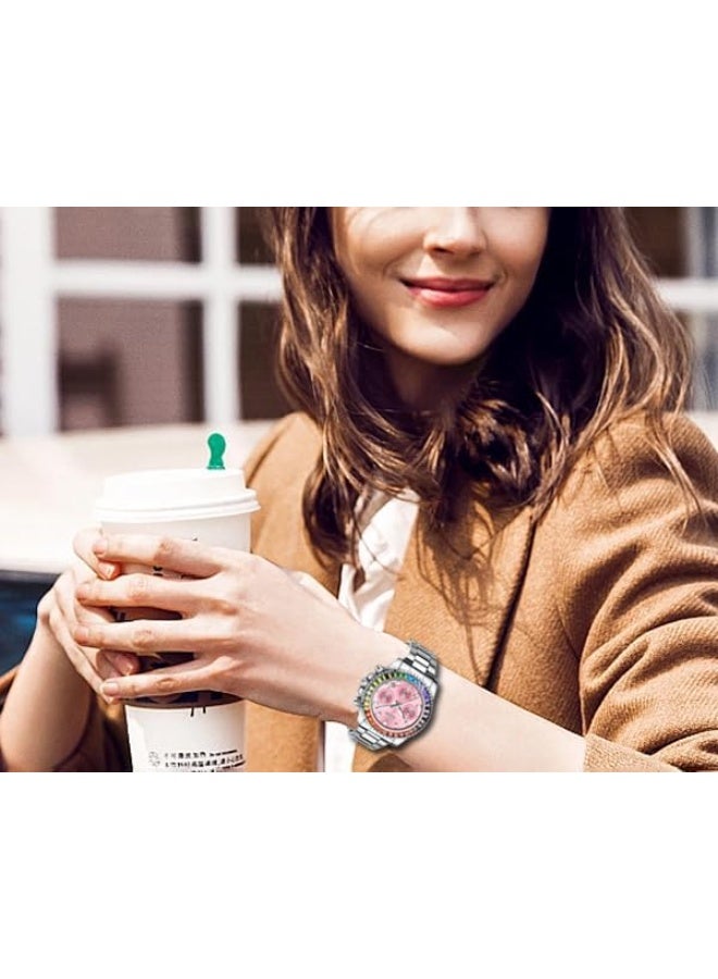 BIDEN Women Colorful Diamond Watches Chronograph Rotatable Bezel Mineral Glass Luminous Watch Stainless Steel Waterproof Date Analog Quartz Watch Fashion Business Dress Wristwatch - Image 5