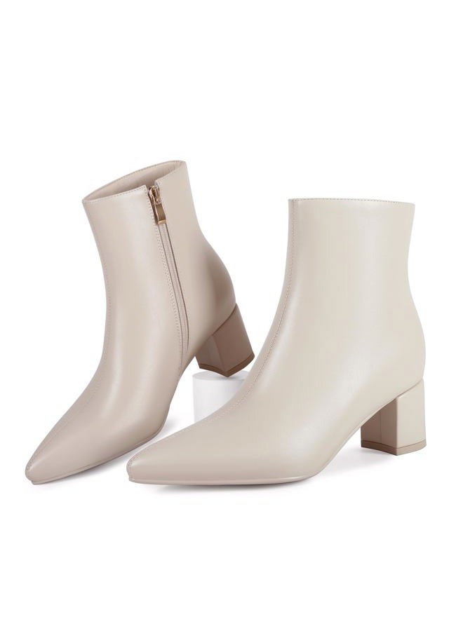 Abbleet Women's Ankle Boots Pointed Toe Chunky Block Heel Short Boots for Women Low Heeled Booties, Beige, 8 - Image 1
