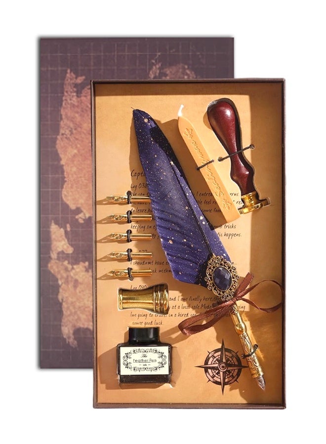 Vintage Calligraphy Set with Pen Nibs, Quill Feather Pen and Ink Set, Calligraphy Kit with Dip Pen Nibs and Wax Seal Stamp Kit, Ornate Holders, Gift Box