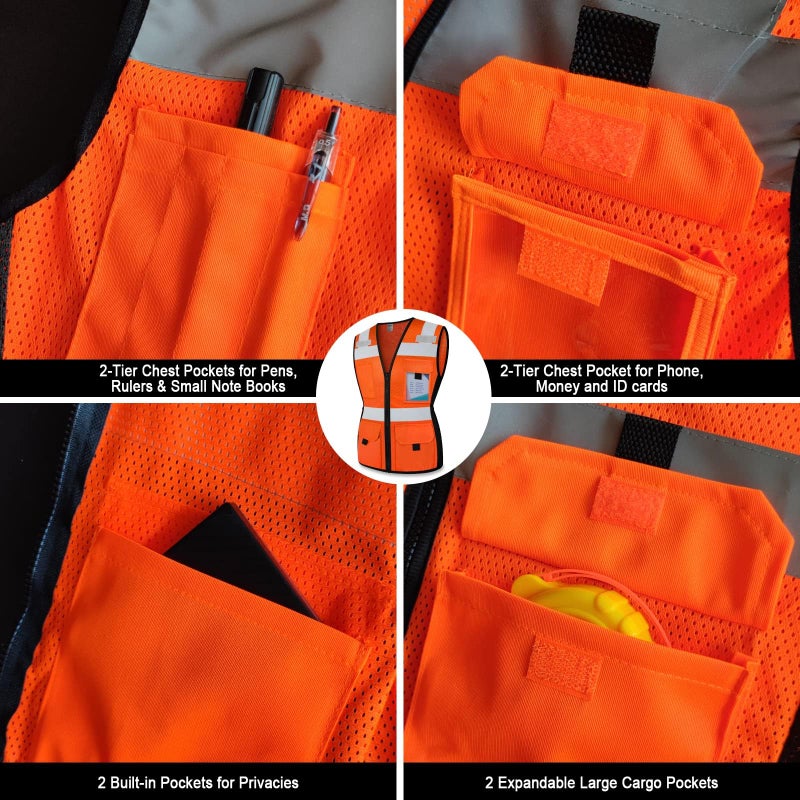 TCCFCCT Safety Vest for Women 11 Pockets Mesh Reflective Vest with Zipper, High Visibility Neon Construction Work Vest for Lady Workers/Surveyors/Drivers, Snug-Fit & Durable, ANSI Compliant, Orange M - Image 4