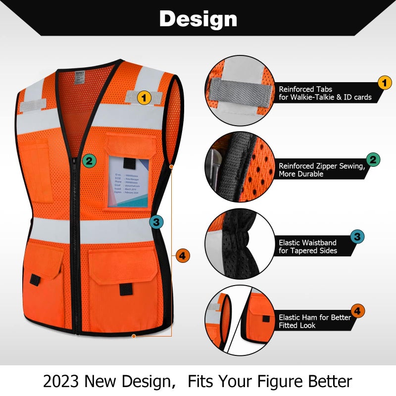 TCCFCCT Safety Vest for Women 11 Pockets Mesh Reflective Vest with Zipper, High Visibility Neon Construction Work Vest for Lady Workers/Surveyors/Drivers, Snug-Fit & Durable, ANSI Compliant, Orange M - Image 3