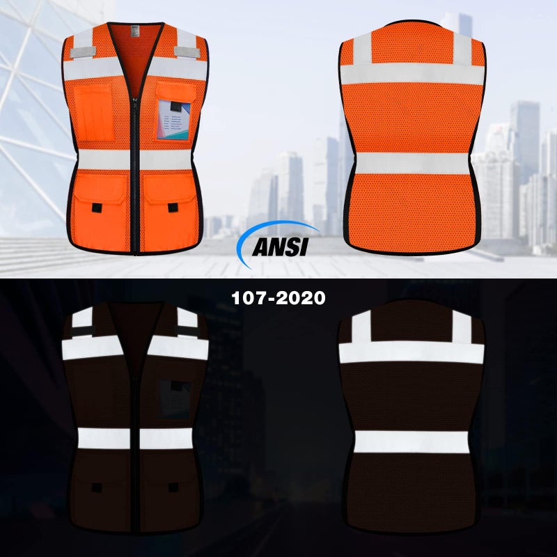 TCCFCCT Safety Vest for Women 11 Pockets Mesh Reflective Vest with Zipper, High Visibility Neon Construction Work Vest for Lady Workers/Surveyors/Drivers, Snug-Fit & Durable, ANSI Compliant, Orange M - Image 2