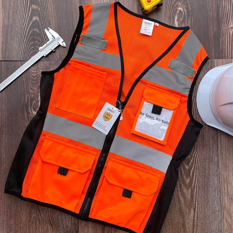 TCCFCCT Safety Vest for Women 11 Pockets Mesh Reflective Vest with Zipper, High Visibility Neon Construction Work Vest for Lady Workers/Surveyors/Drivers, Snug-Fit & Durable, ANSI Compliant, Orange M - Image 5