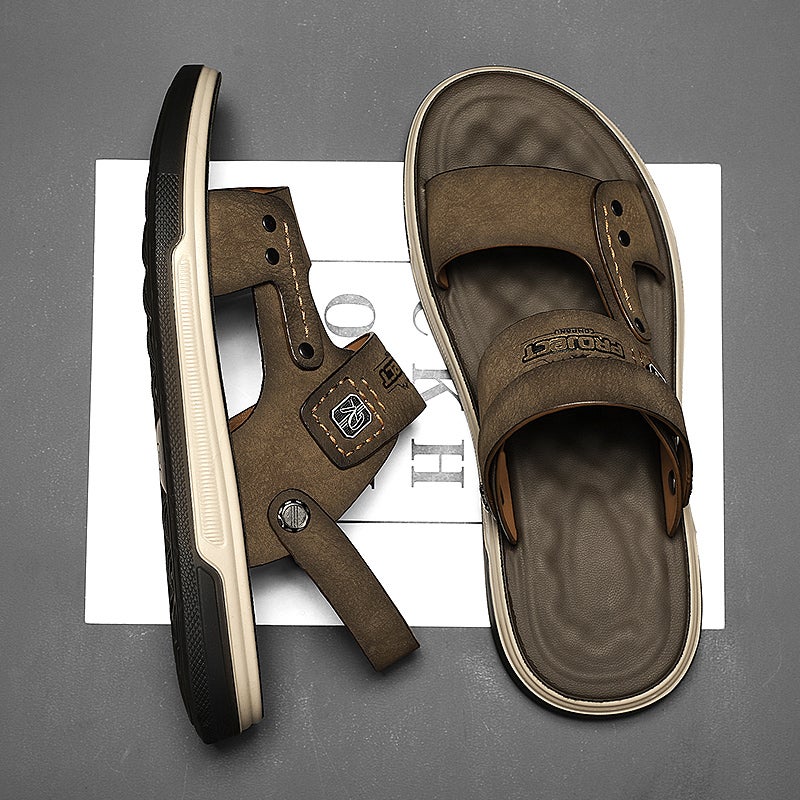 Genuine Leather Sandals Men'S Summer Outer Wear Dad Dual-Use Casual Boys Wear-Resistant Sports Beach Slippers - Image 1
