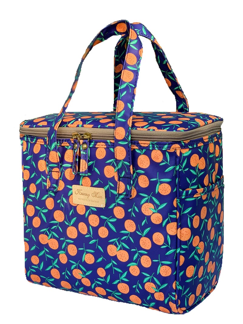 Kwang Min Floral Insulated Lunch Bag for WomenReusable Lunch BoxLarge Cooler for OfficePicnic OutdoorsPremium Waterproof FabricIdeal Classic Lunch BagOrange