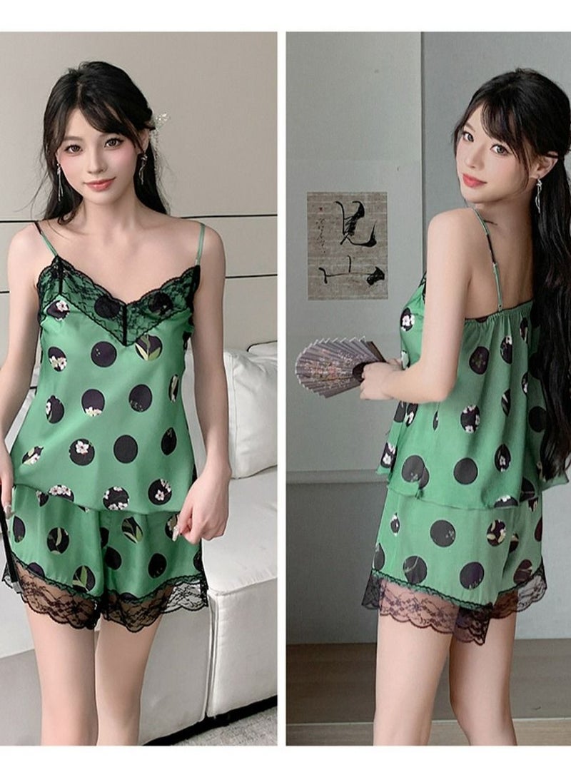Loquat - Women's Lace Stitching 2-Piece Set Nightgown Printed Camisole Tops And Shorts Soft Lingerie Sleepwear Suit - Image 1