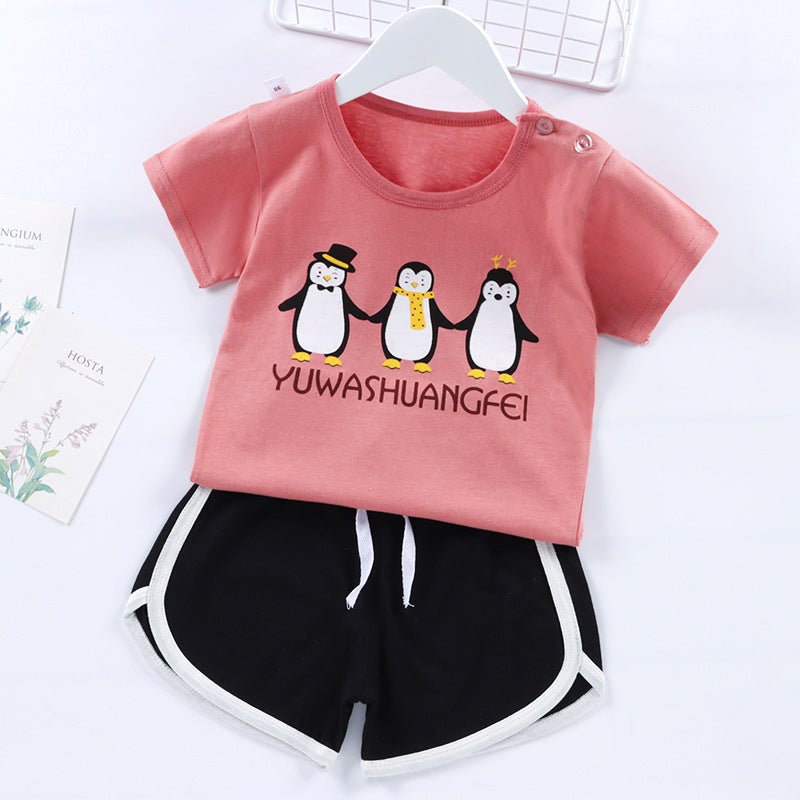 2023 Kids Summer Thin Short Sleeve Set Striped-wine red penguin 