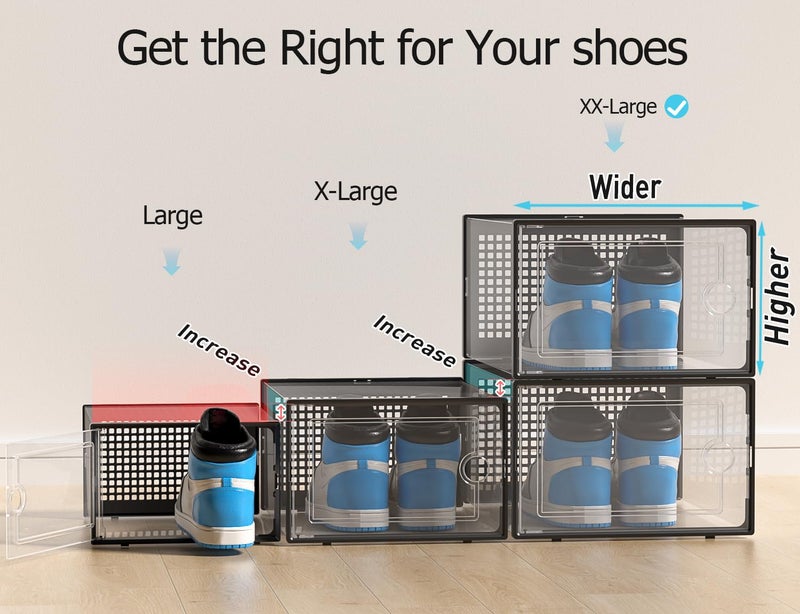 Kuject XX-Large Shoe Storage Boxes Organizers Clear Plastic Stackable 12 Pack, Shoe Rack & Holder Substitute, Sneaker Containers, Shoe Storage Organizer Bins for Closet, Under Bed, Black(No Fold Line) - Image 3