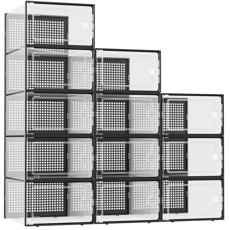 Kuject XX-Large Shoe Storage Boxes Organizers Clear Plastic Stackable 12 Pack, Shoe Rack & Holder Substitute, Sneaker Containers, Shoe Storage Organizer Bins for Closet, Under Bed, Black(No Fold Line) - Image 1
