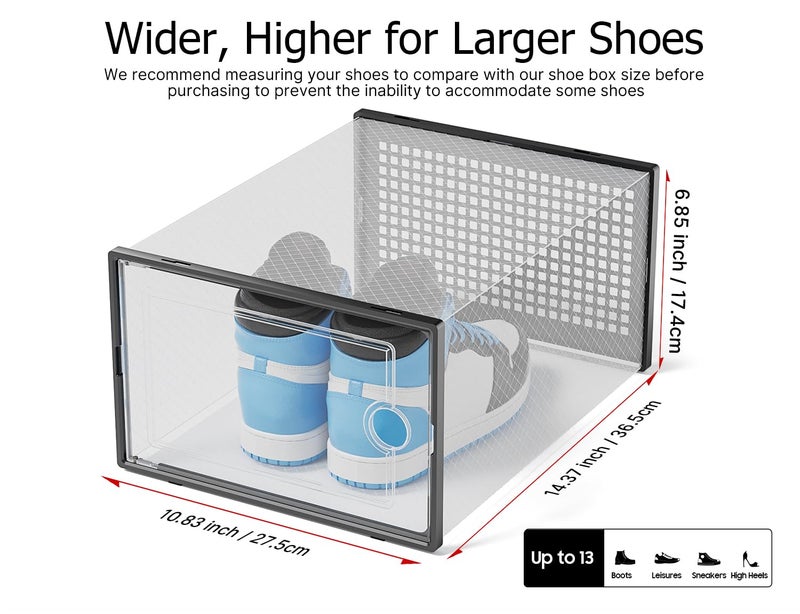 Kuject XX-Large Shoe Storage Boxes Organizers Clear Plastic Stackable 12 Pack, Shoe Rack & Holder Substitute, Sneaker Containers, Shoe Storage Organizer Bins for Closet, Under Bed, Black(No Fold Line) - Image 2