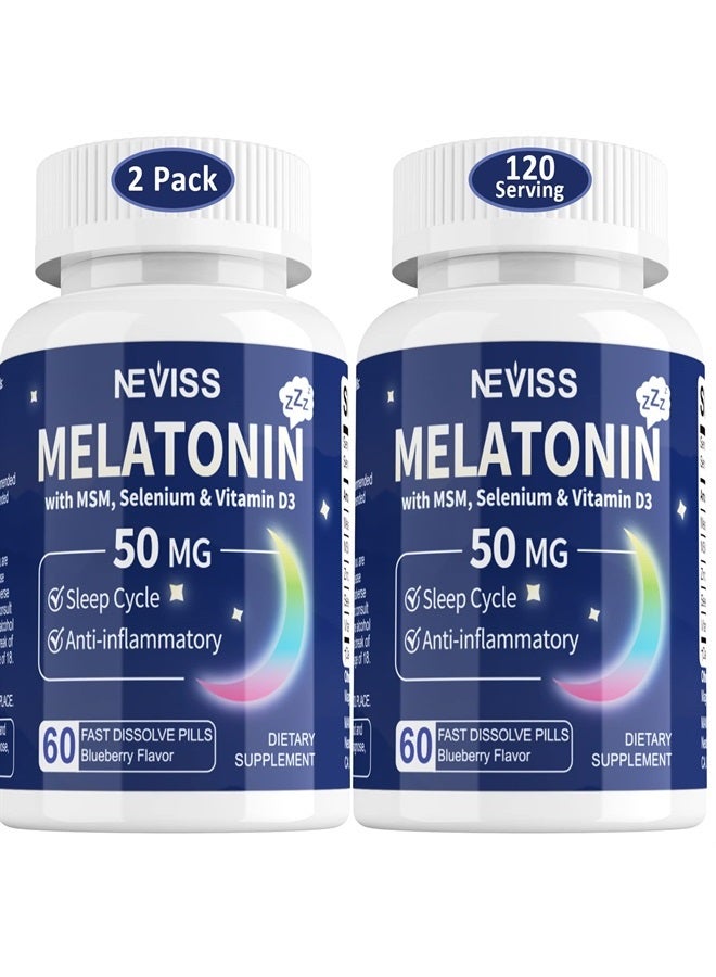 NEVISS ميلاتونين خالي من السكر 50 ملغ للبالغين - سريع الذوبان وقابل للمضغ تحت اللسان - ميلاتونين قوي إضافي مع MSM والسيلينيوم وفيتامين D3، للاسترخاء، دورة الراحة الصحية، نوم عميق، مناعة، 120 حصة - Image 1