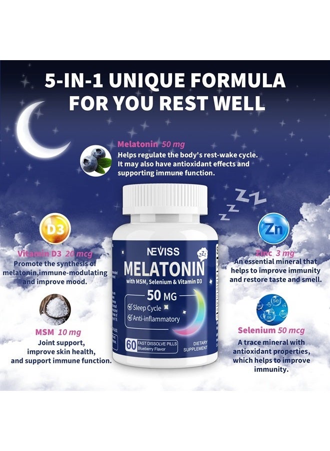 NEVISS ميلاتونين خالي من السكر 50 ملغ للبالغين - سريع الذوبان وقابل للمضغ تحت اللسان - ميلاتونين قوي إضافي مع MSM والسيلينيوم وفيتامين D3، للاسترخاء، دورة الراحة الصحية، نوم عميق، مناعة، 120 حصة - Image 4