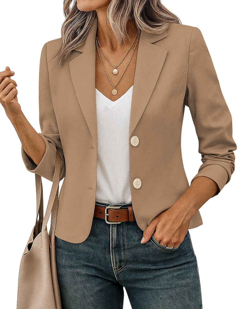 FOLUNSI Women's Business Casual Cropped Blazer Lapel Collar Long Sleeve Work Office Suit Jacket with Fully Lined Dark Khaki, Small - Image 1