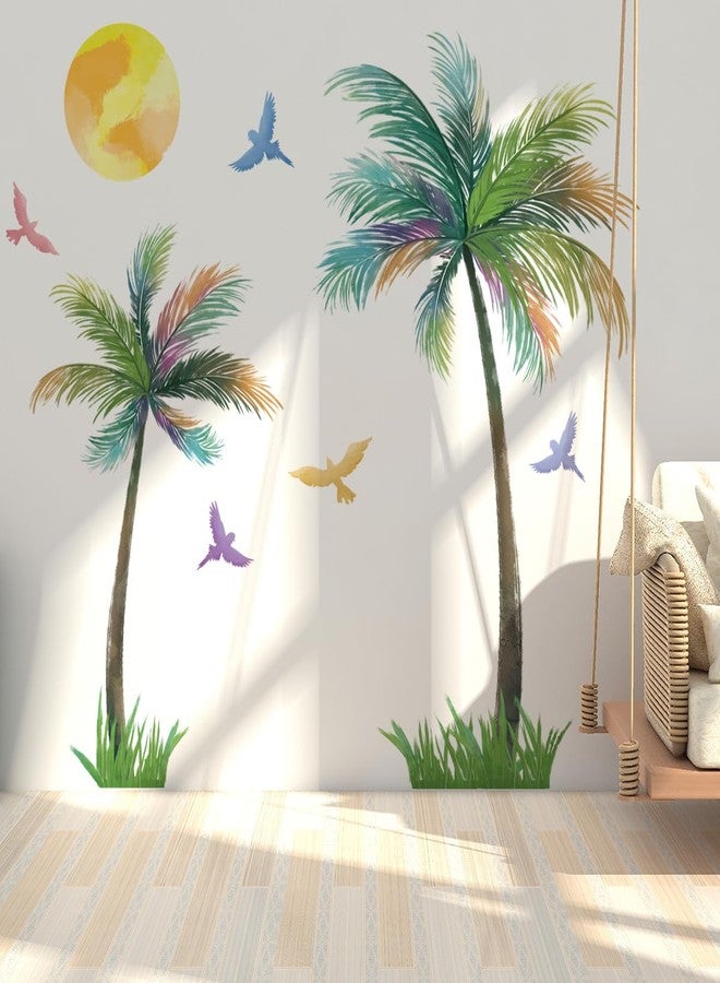Runtoo Large Palm Tree Wall Decals Colorful Birds Tropical Plant Wall Art Stickers for Living Room Bedroom Nursery Wall Decor - Image 1