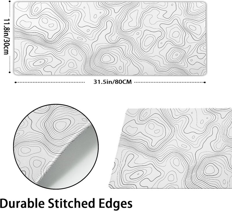 aportt Topographic Map Large Mouse Pad XL White Lines Contour Geographic Extended Desk Mat Big 80X30 CM Non-Slip Rubber Base Stitched Edge Long Mousepad,31.5×11.8 Inch - Image 2