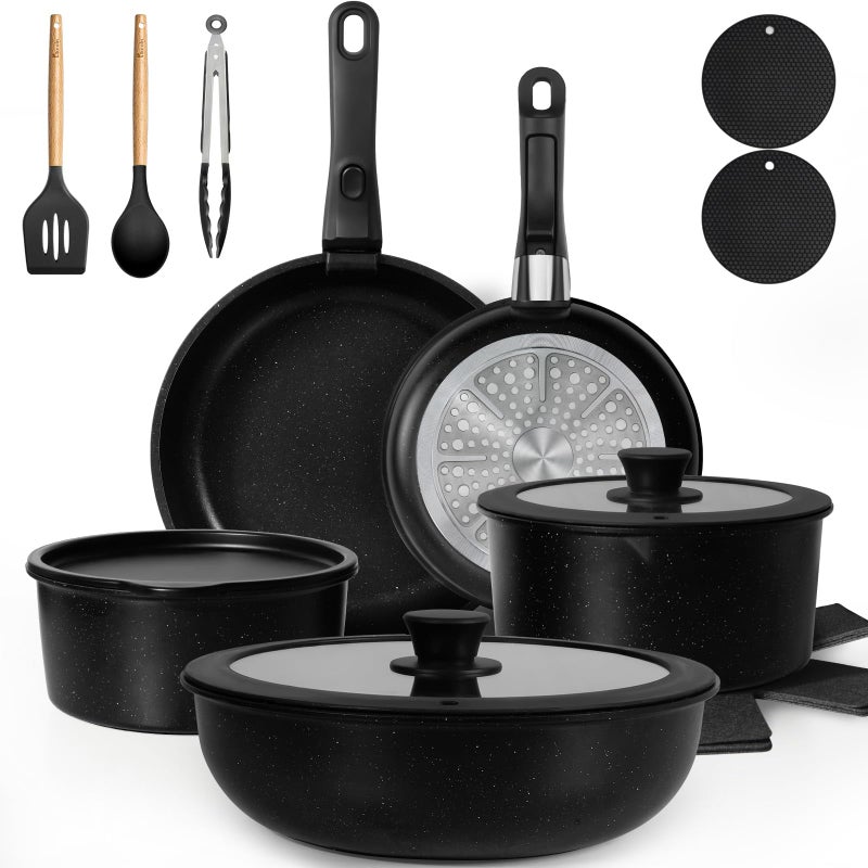 KIKCOIN 20 Pcs Pots and Pans Set Non Stick, Detachable Handle Cookware Sets Nonstick, Non Toxic Induction RV Kitchen Cooking Set with Removable Handles, Dishwasher/Oven Safe, Easy Clean (Black) - Image 1