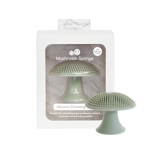 ezpz Mushroom Sponge (Sage) - Odor-Resistant Kitchen Sponge with Soft Bristles, Non-Slip Handle, Suction Base - Gently Cleans Pans, Dishes and Feeding Gear - Image 1