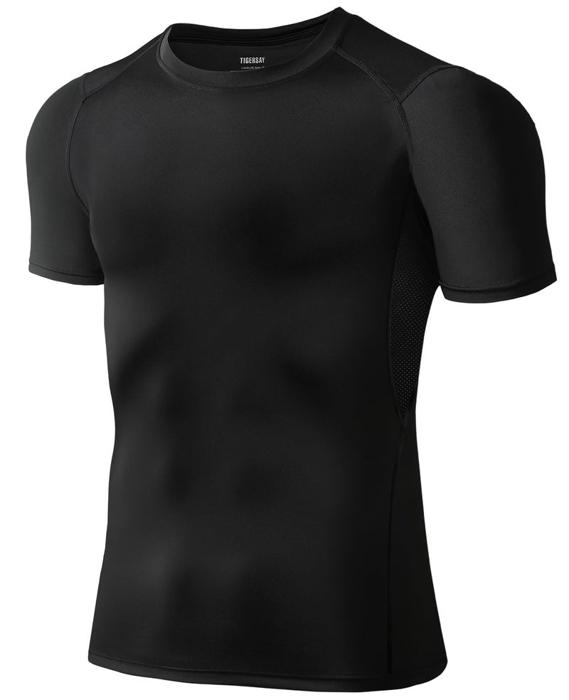 Tigersay Men's Compression Shirts, Short Sleeve T-Shirt Athletic Compression Tops Workout Sports Base Layer Undershirt Black - Image 1