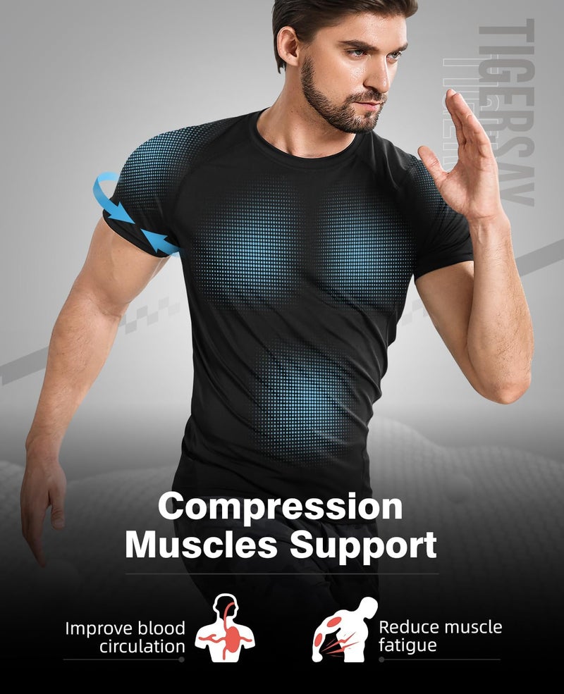 Tigersay Men's Compression Shirts, Short Sleeve T-Shirt Athletic Compression Tops Workout Sports Base Layer Undershirt Black - Image 4